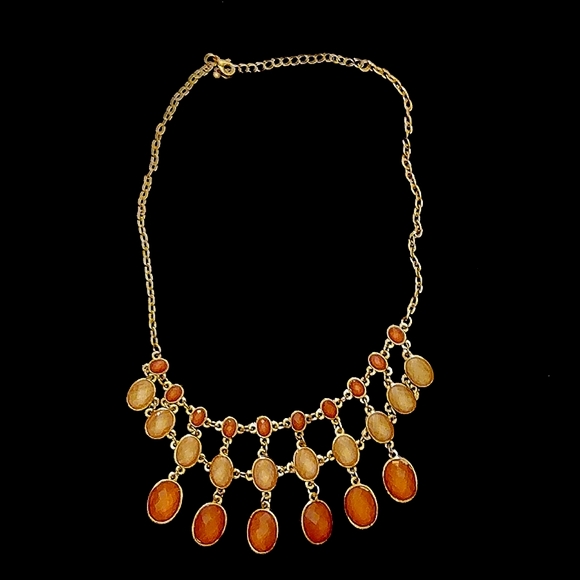 Silver Bib Necklace with Cream and Orange Gems - Picture 2 of 8